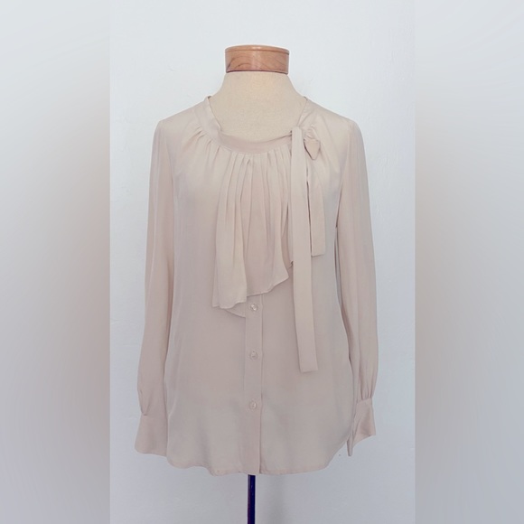 LUXE MIU MIU SILK BEIGE CREAM SAND SHIRT BLOUSE TOP TIE & RUFFLE DETAIL SIZE 40 - Picture 2 of 9